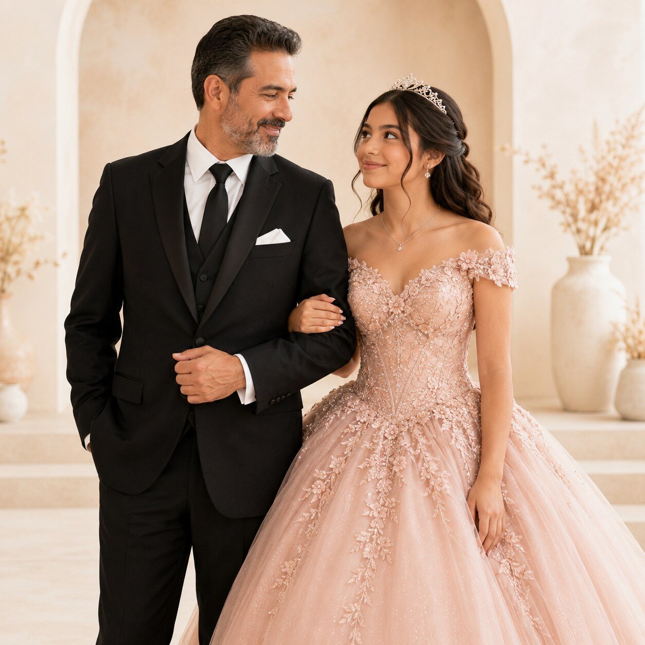 Traje y vestido para fiestas de quince años